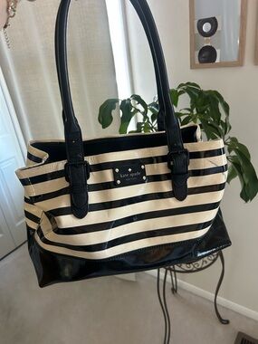 kate spade Black and Cream Stripe Patent Tote